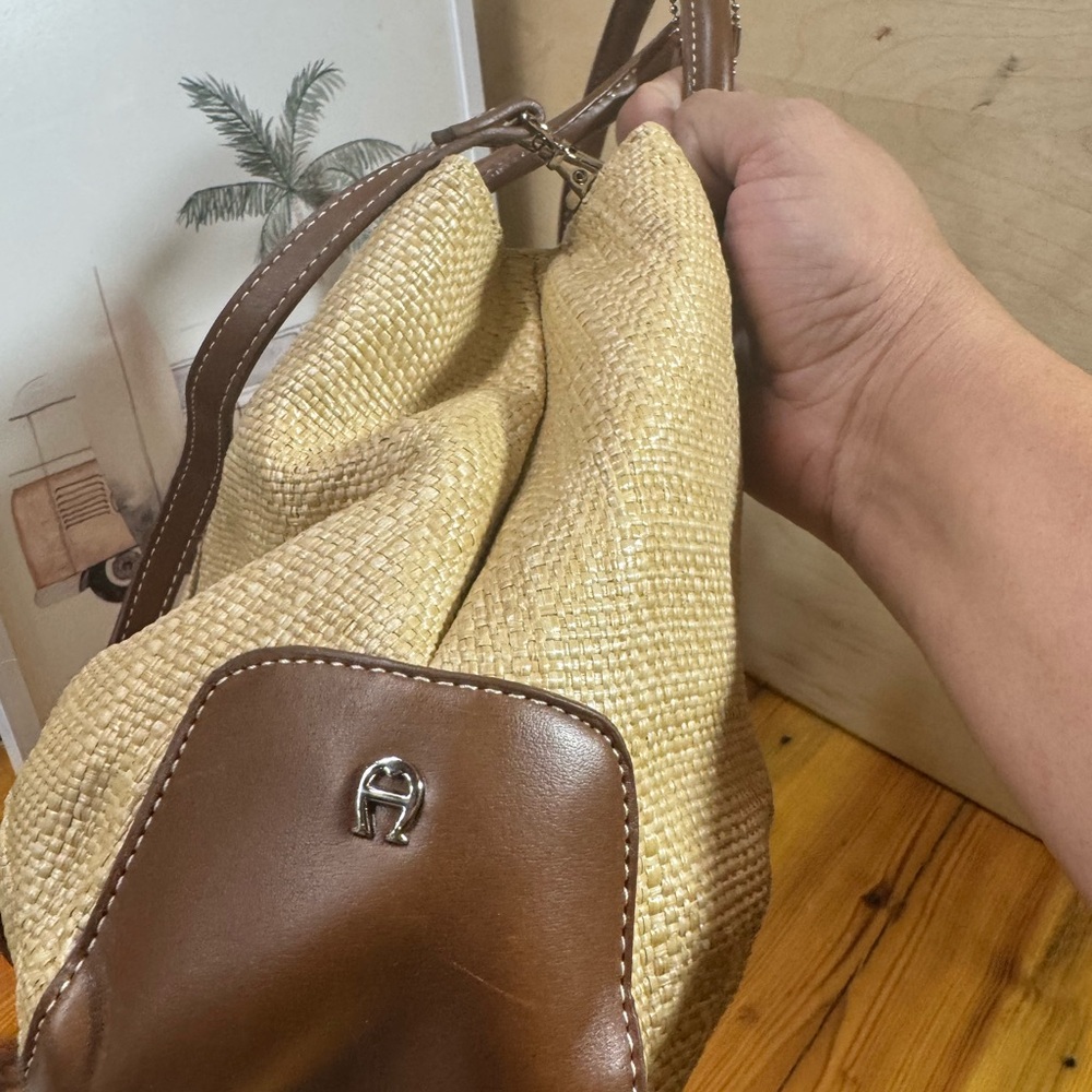 Etienne Aigner Natural Straw Tote with Brown Leather Trim - Picture 4 of 14